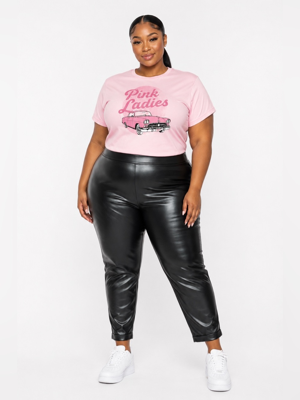 Black Faux Leather Wide Waistband Leggings